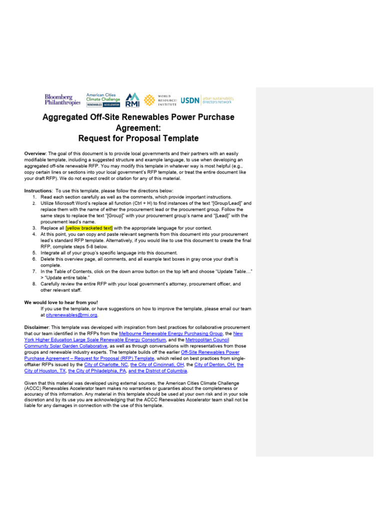 ACCC RA Aggregated Off-Site Renewables PPA RFP Template | PDF