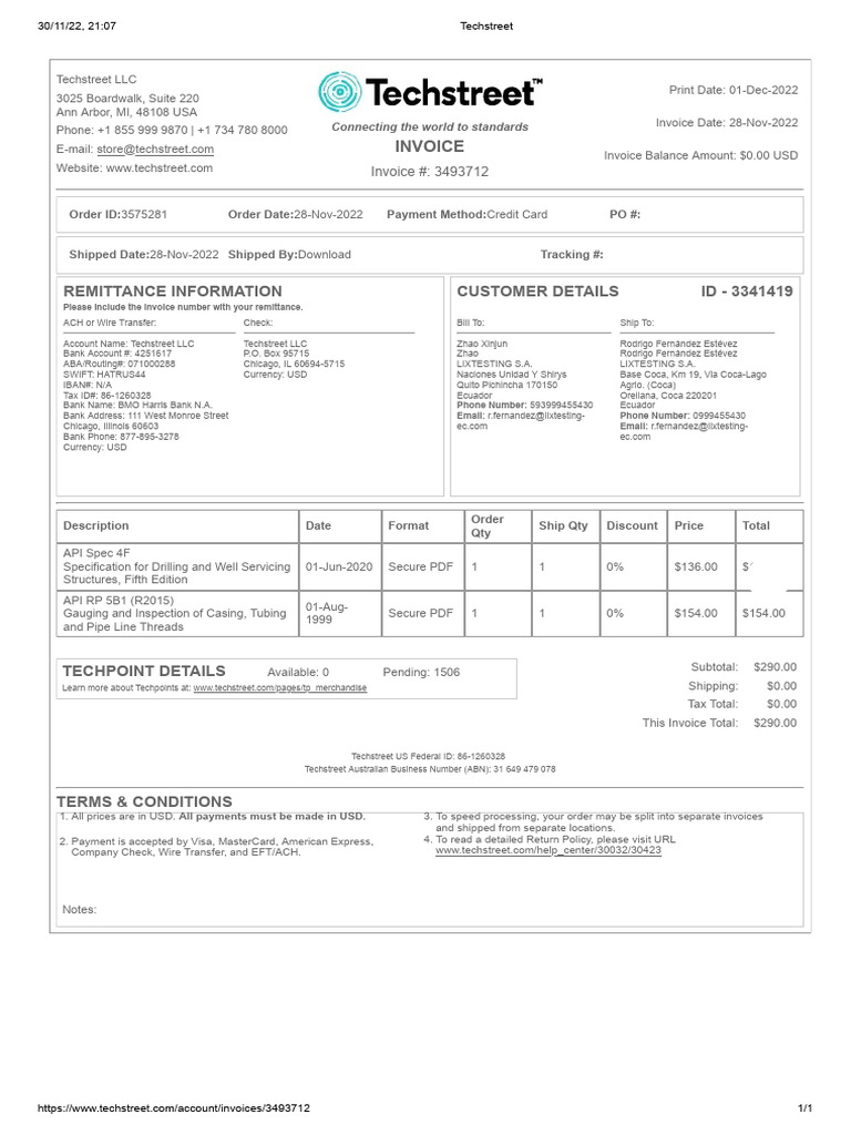 Techstreet Invoice #3493712 Summary | PDF | Invoice | Wire Transfer