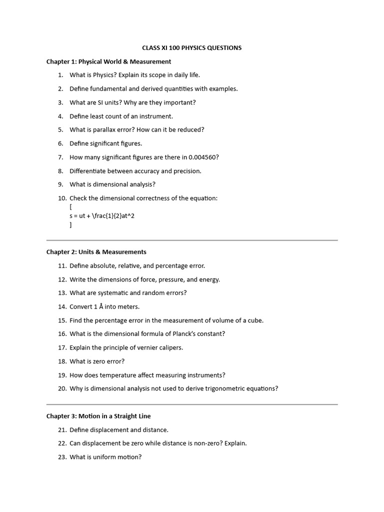 100 Physics Questions for Class XI | PDF | Torque | Momentum