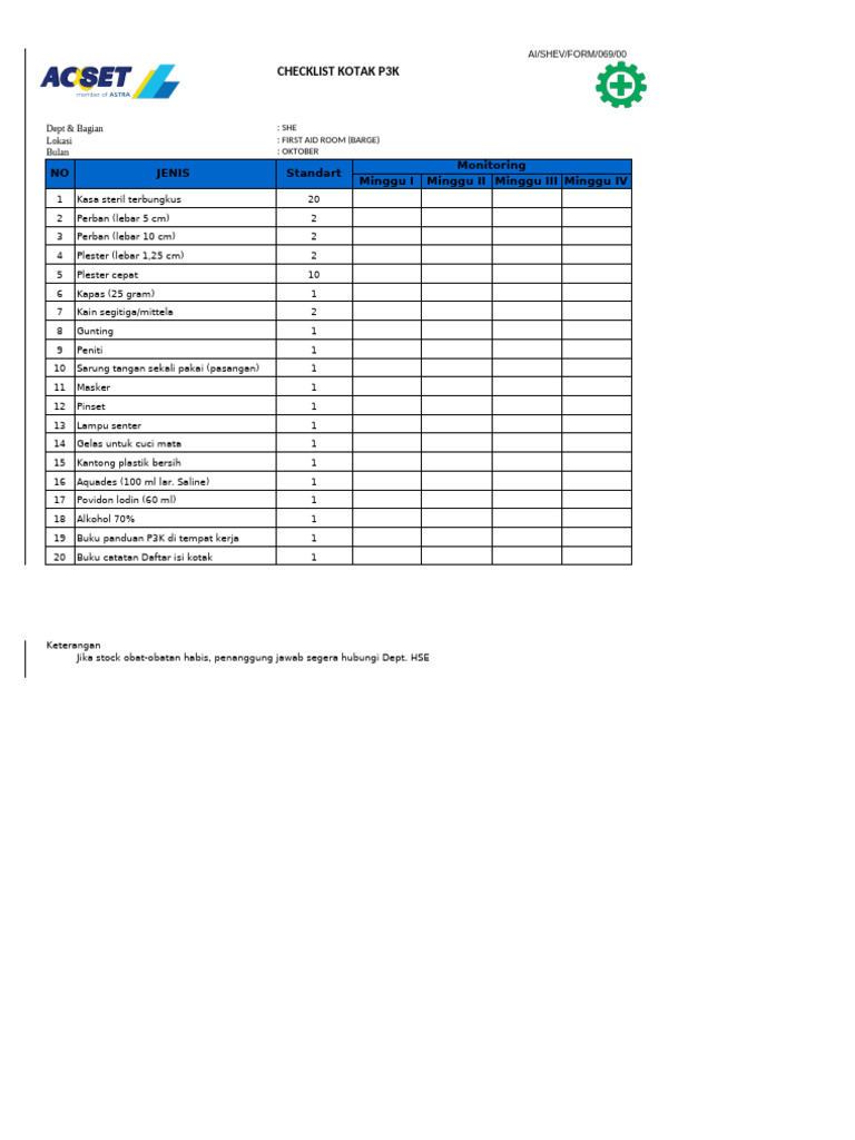 Checklist Kotak P3K Bulan Oktober | PDF