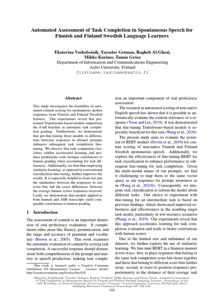 Automated Assessment of Task Completion in Spontaneous Speech for ...