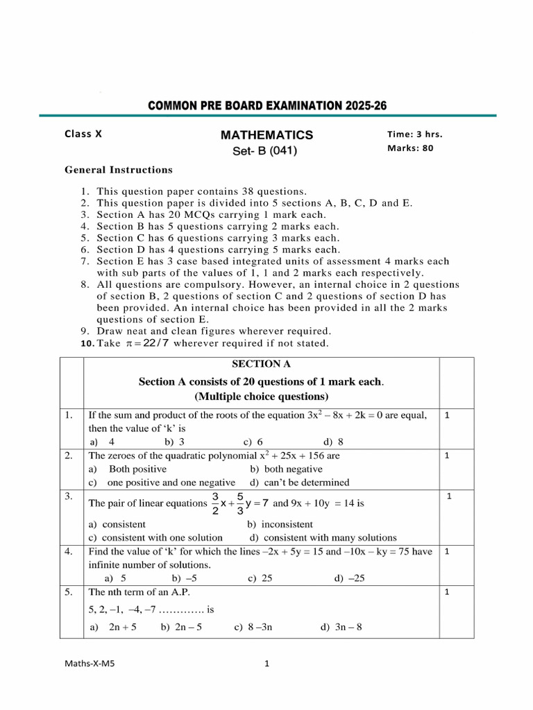041 - Set B - Mathematics Standard-QP 2025-26 FINAL GRADE-10 | PDF