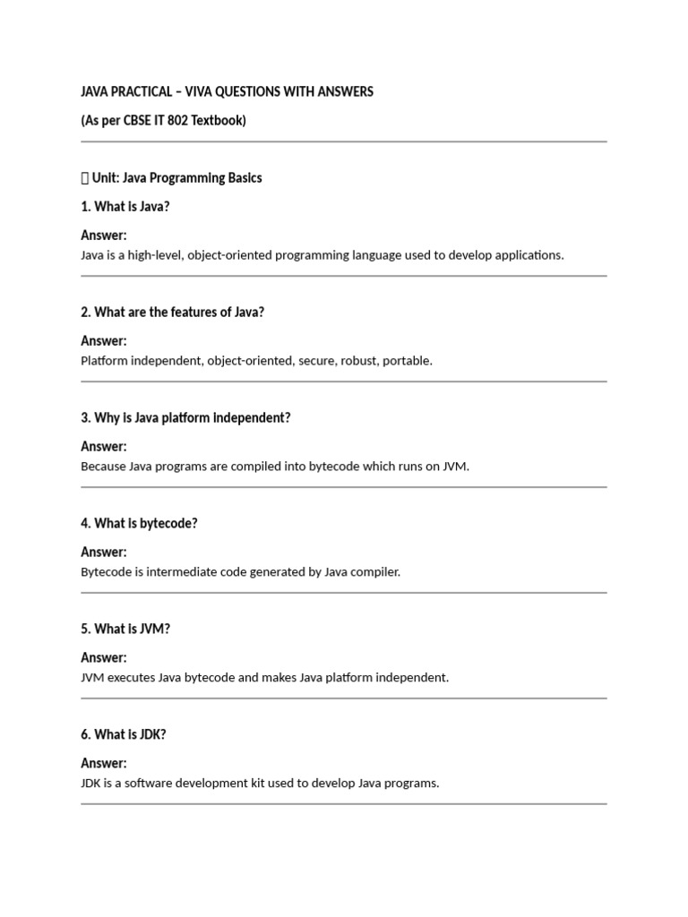 Java Practical Viva Questions & Answers | PDF | Java (Programming ...