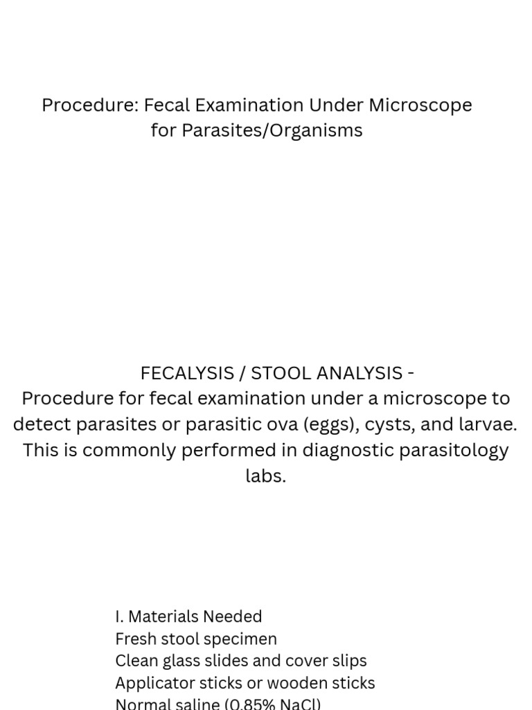 Fecal Examination Procedure for Parasites | PDF