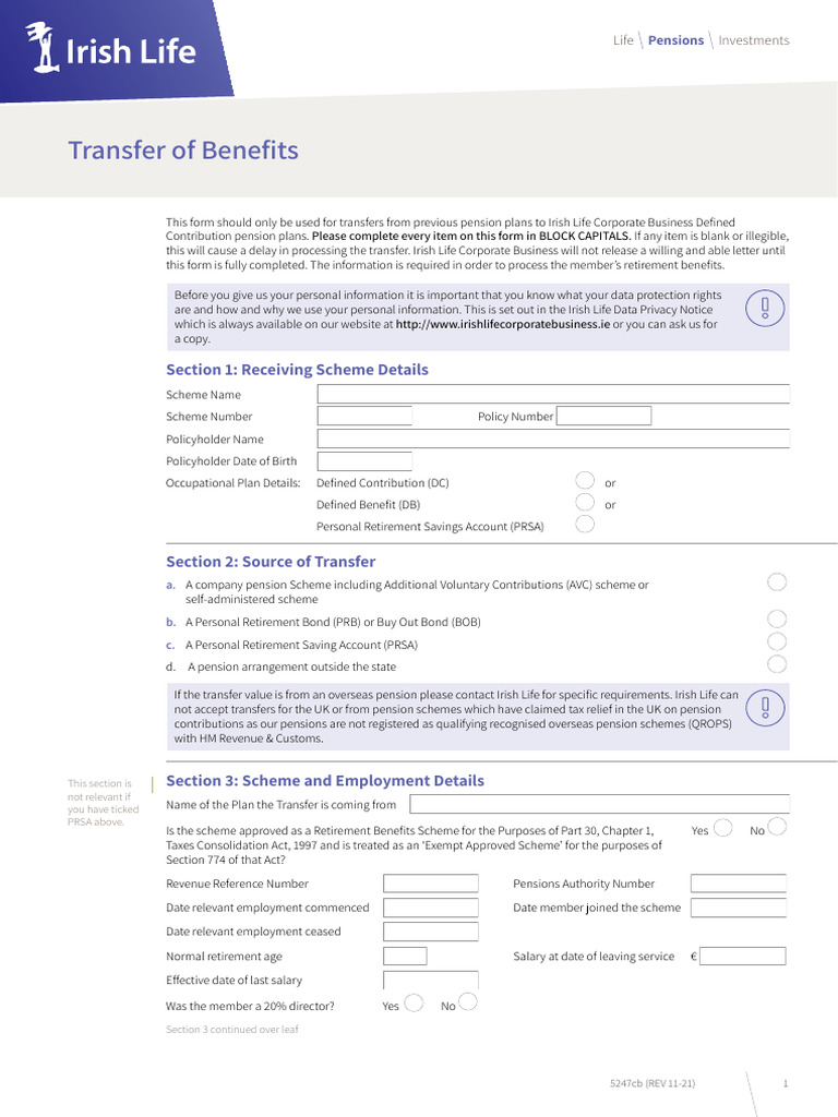Pension Transfer Form for Irish Life | PDF | Pension | Retirement