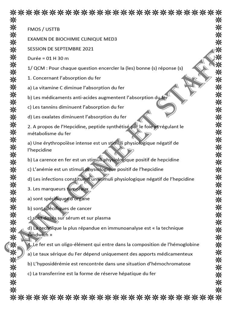 Examen de Biochimie Clinique MED3 2021-2022 | PDF | Système endocrinien ...