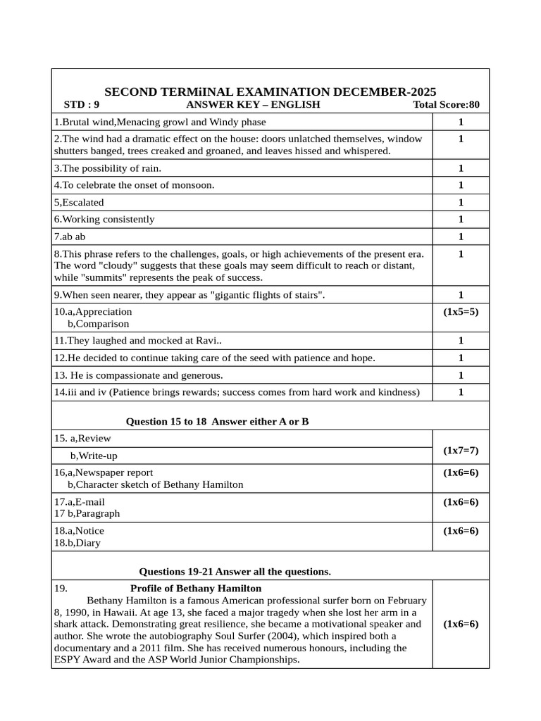 English Exam Answer Key for Grade 9 | PDF