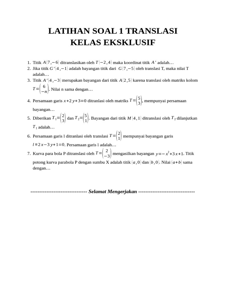 Soal Latihan Translasi Koordinat Matematis | PDF
