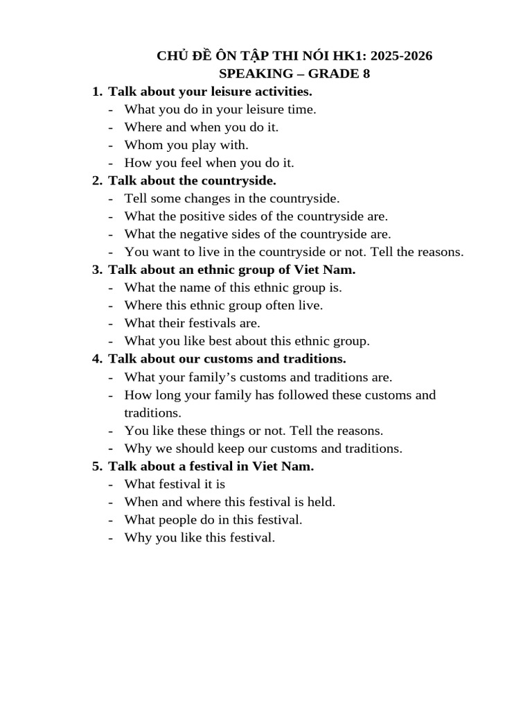 Grade 8 Speaking Exam Topics 2025-2026 | PDF
