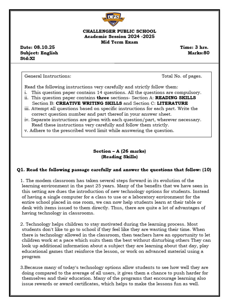 Class-XI Term 1 English Paper Answer Key 2025-26 | PDF | Teachers ...
