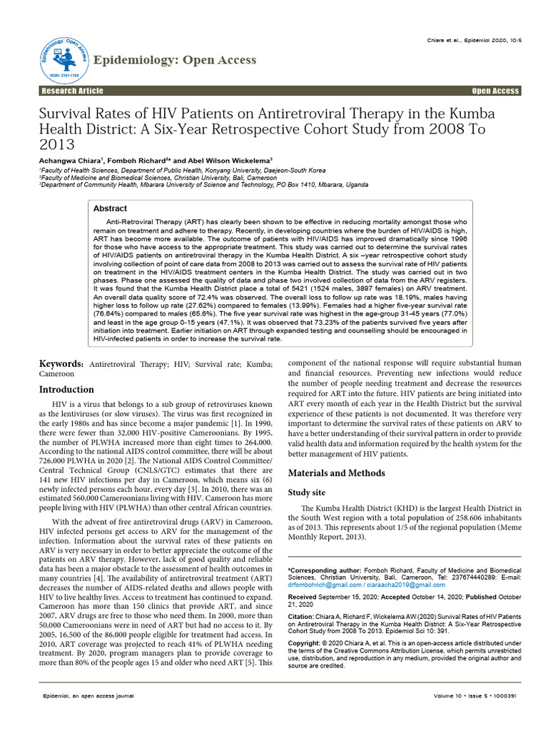 Survival Rates of Hiv Patients on Antiretroviral Therapy in the Kumba ...