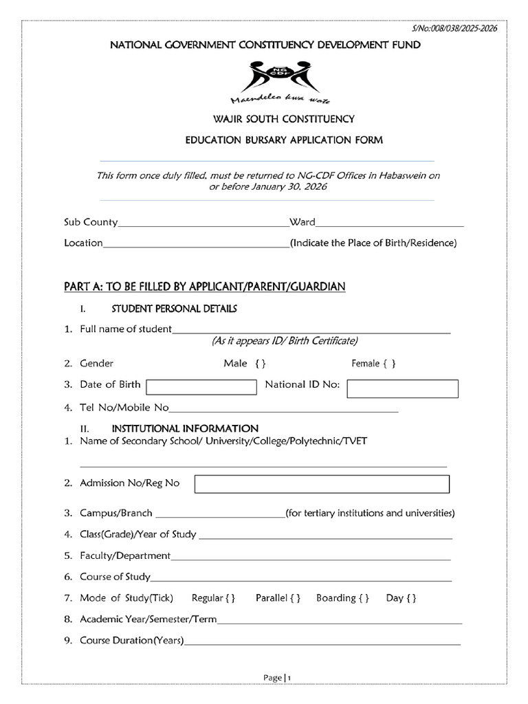 Wajir South NGCDF Bursary Application Form 2026 1 | PDF