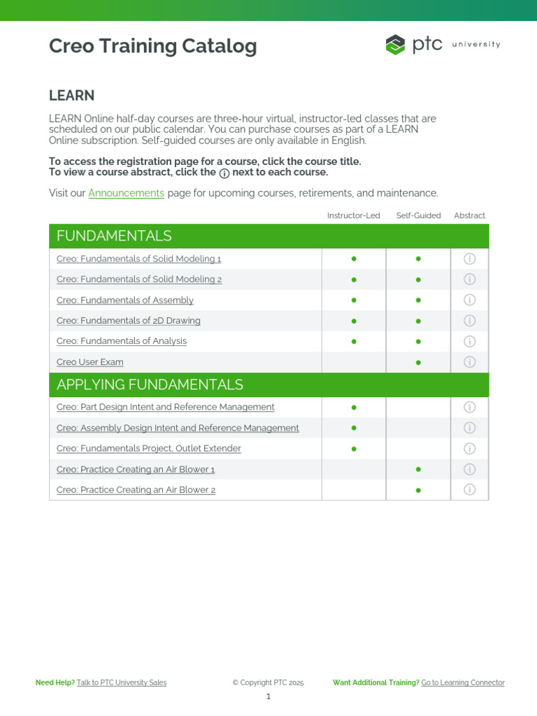 Creo Training Course Catalog 2025 | PDF | Design
