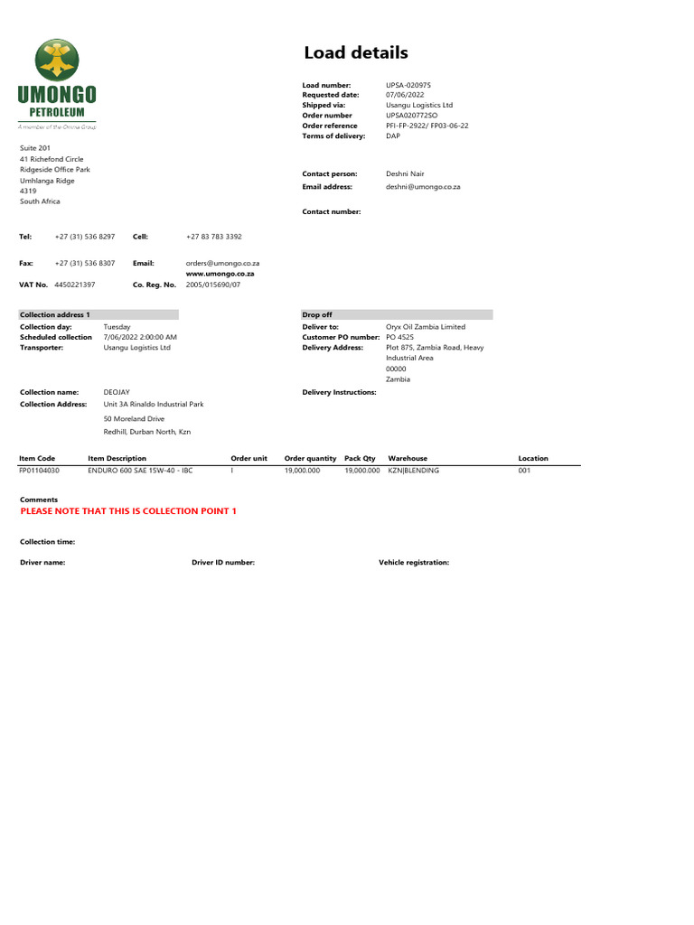 LOAD DETAILS - UPSA020975 - SEQ FP03-06-22 COLLECTION POINT 1 | PDF ...