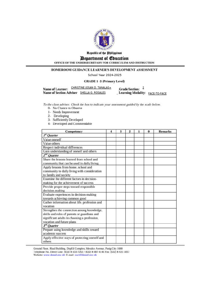 Homeroom Guidance Assessment | PDF
