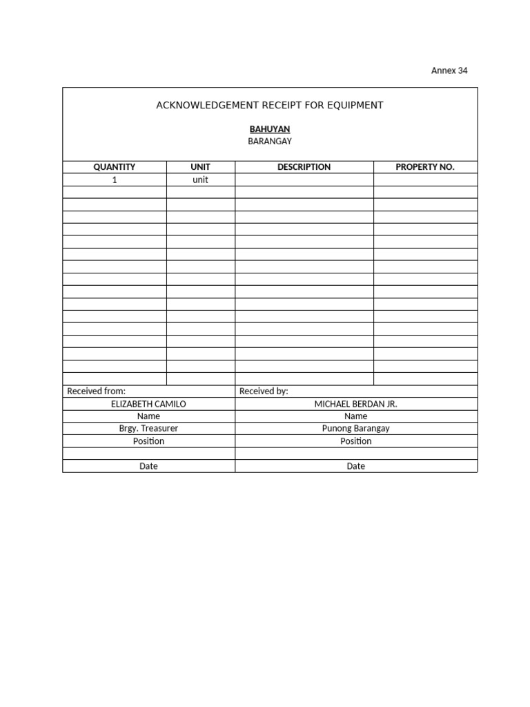 Equipment Acknowledgement Receipt Template | PDF