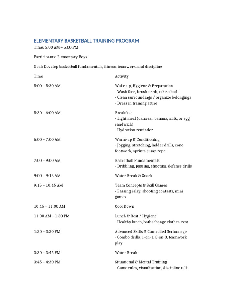 Elementary Basketball Training Schedule | PDF