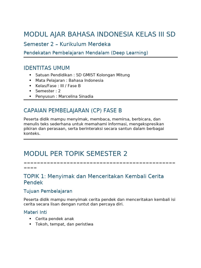 Modul Ajar Bahasa Indonesia Kelas III SD | PDF