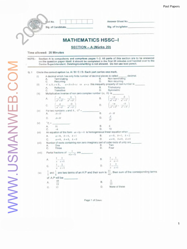 1st Year Mathematics Past Papers 2010 FBISE | PDF