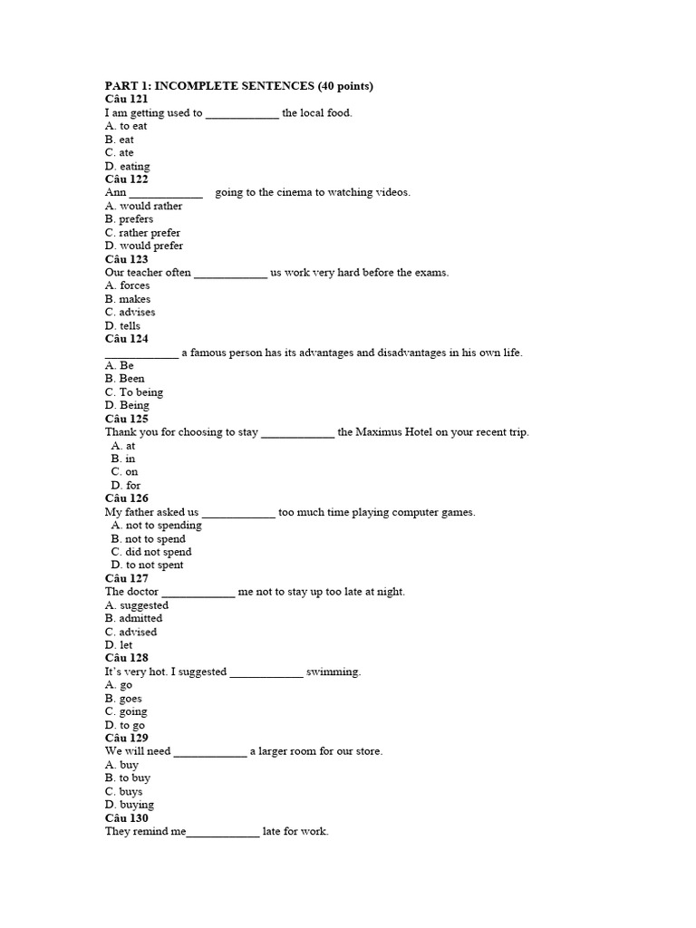 English Grammar Incomplete Sentences Test | PDF | Sun | Coffee