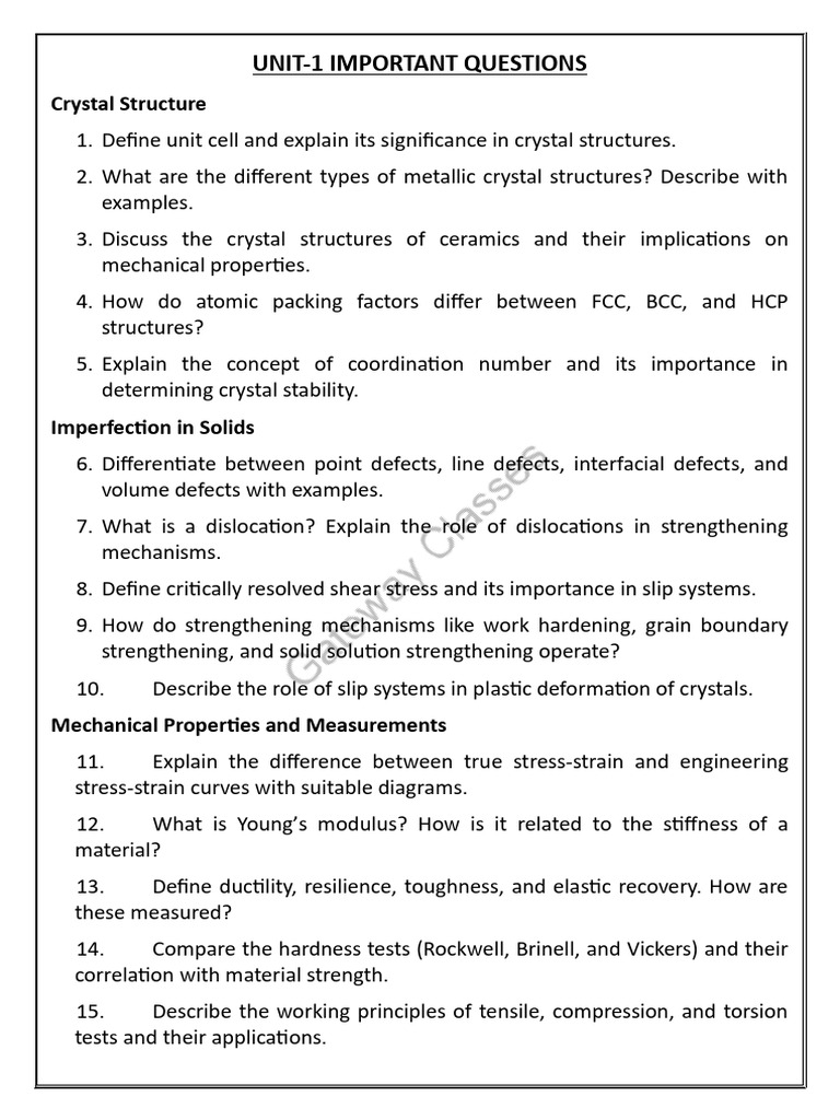 Key Questions on Crystal Structures and Materials | PDF | Heat Treating ...