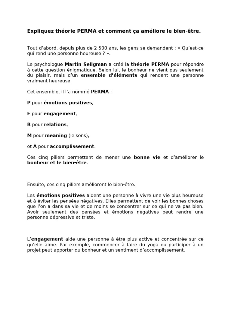 Améliorer le bien-être avec la théorie PERMA | PDF