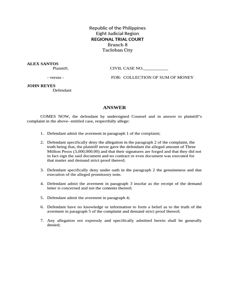 Defendant's Answer in Civil Case No. ___ | PDF | Complaint | Lawsuit