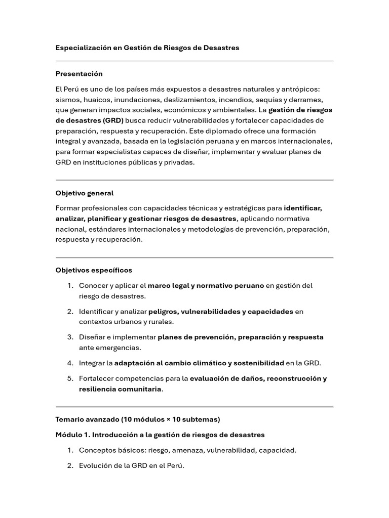 Diplomado en Gestión de Riesgos de Desastres | PDF | Resiliencia ...