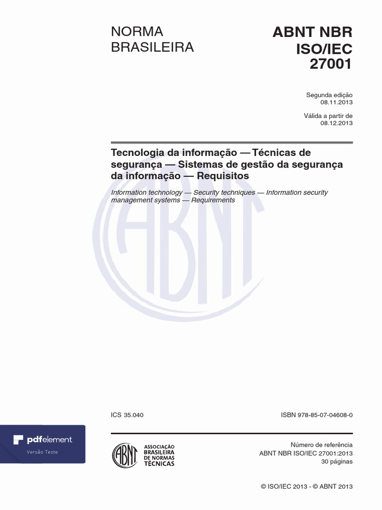 Abnt Nbr Iso Iec 27001-2013 | PDF | Segurança da informação | Informação
