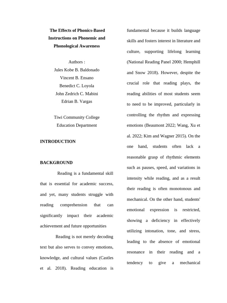 The Effects of Phonics Based Instructions On Phonemic and Phonological ...