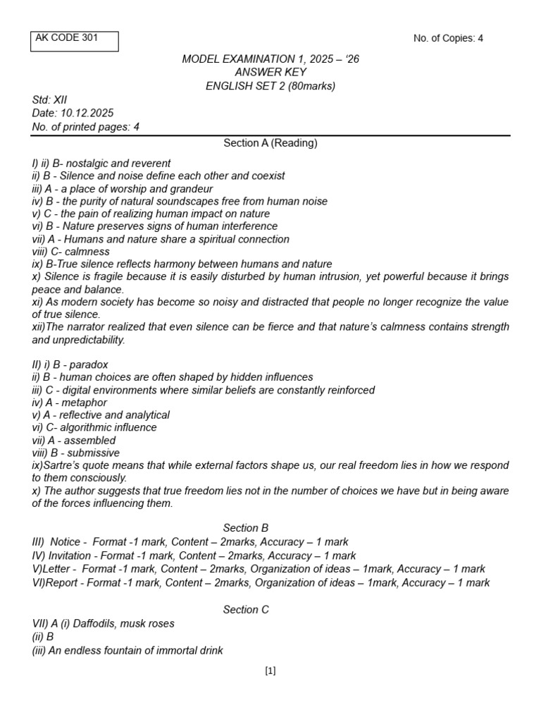 English Model 1 Set 2 Ans Key | PDF | Psychology | Psychological Concepts