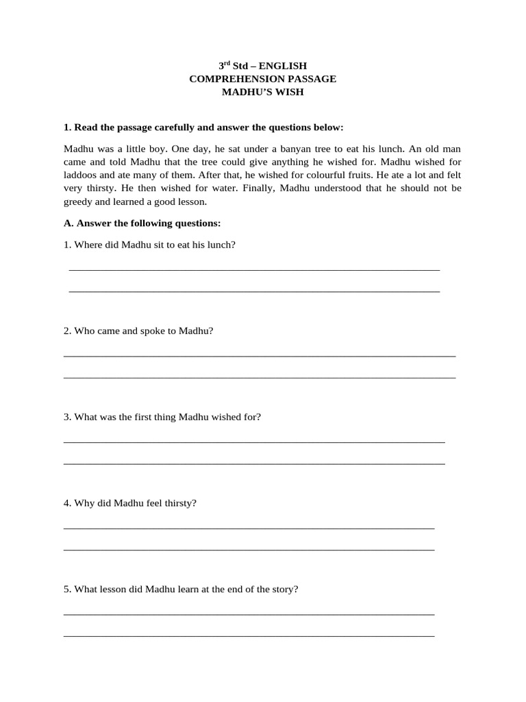 3rd Std English Comprehension Passages | PDF
