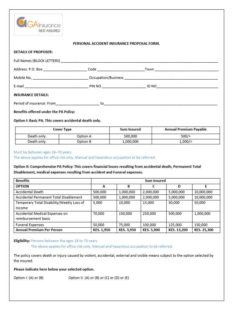 Personal Accident Insurance Proposal Form | PDF | Insurance | Financial ...