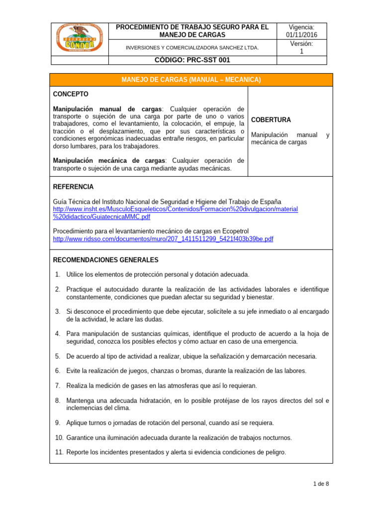 Procedimiento Seguro para Manejo de Cargas | PDF | Máquina elevadora ...