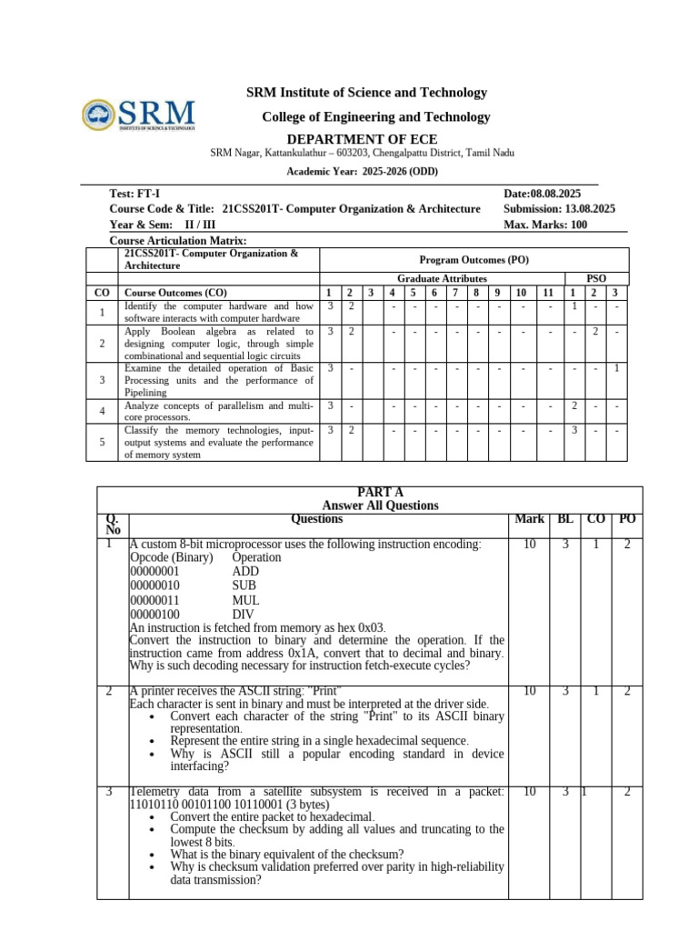 Computer Organization Exam FT-I 2025 | PDF | Binary Coded Decimal ...