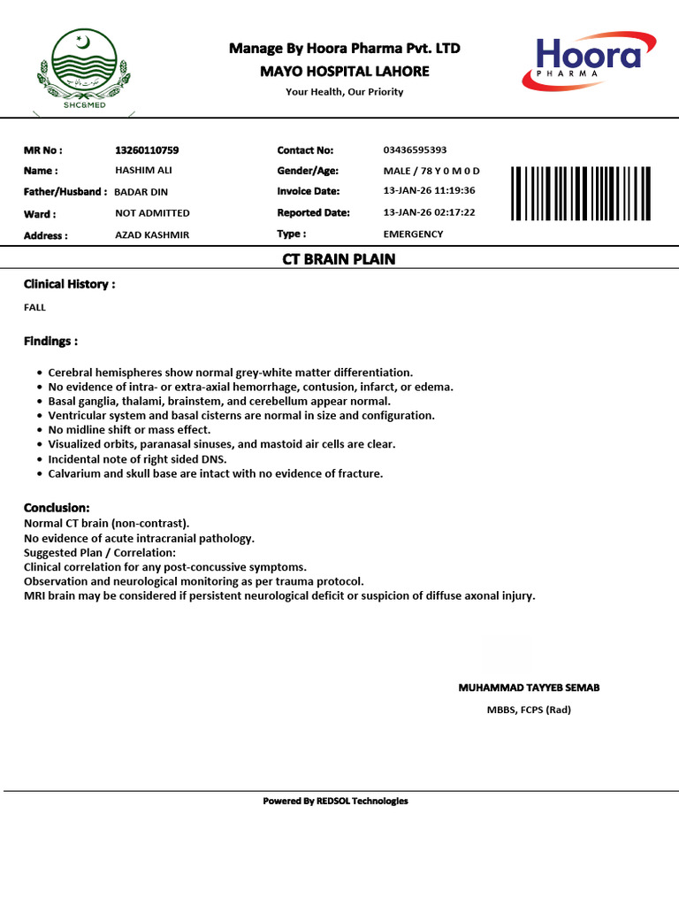 Normal CT Brain Report - Emergency Case | PDF