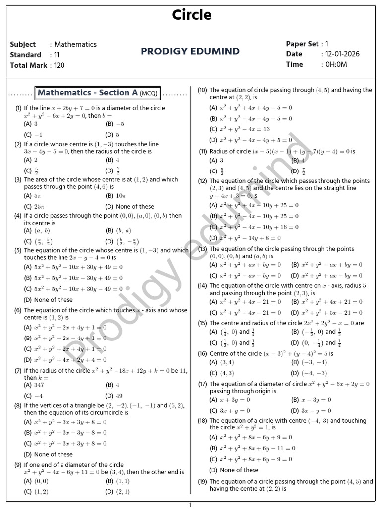 PRODIGY_EDUMIND_1021479_1_1768220510 | PDF | Circle | Analytic Geometry