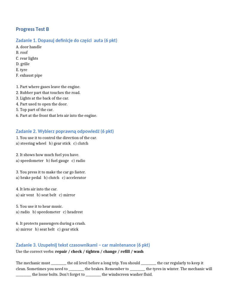 Car Parts and Maintenance Quiz | PDF | Screw | Car