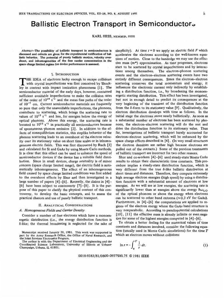 Ballistic Electron Transport in Semiconductors | PDF | Applied And ...