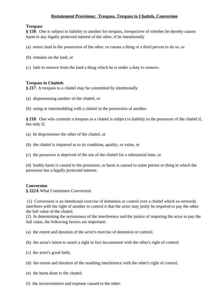 Trespass and Conversion Law Overview | PDF