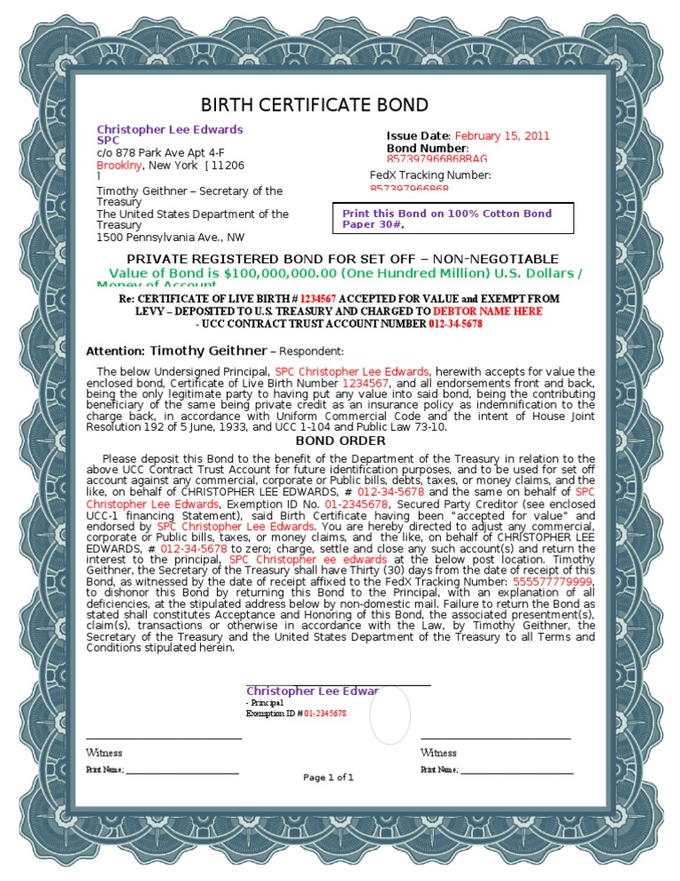 A1 Blue Border Birth Certificate Bond Uniform Commercial Code
