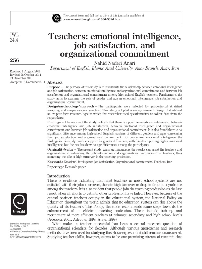 Emotional Intelligence and Teacher Commitment | PDF | Job Satisfaction ...