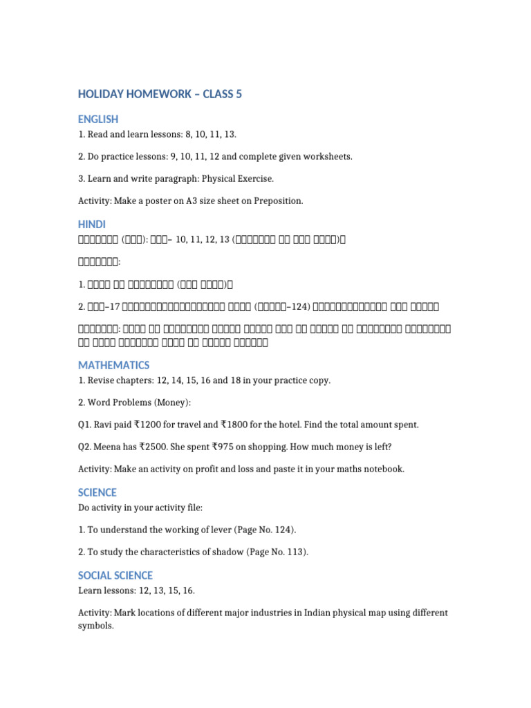 Class 5 Holiday Homework Guide | PDF