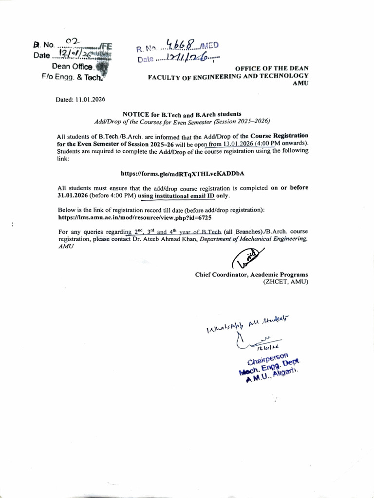 Notice for Add, Drop of the Courses for Even Semester 2025-2026 | PDF