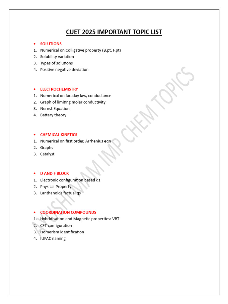 CUET 2025 Key Chemistry Topics List | PDF