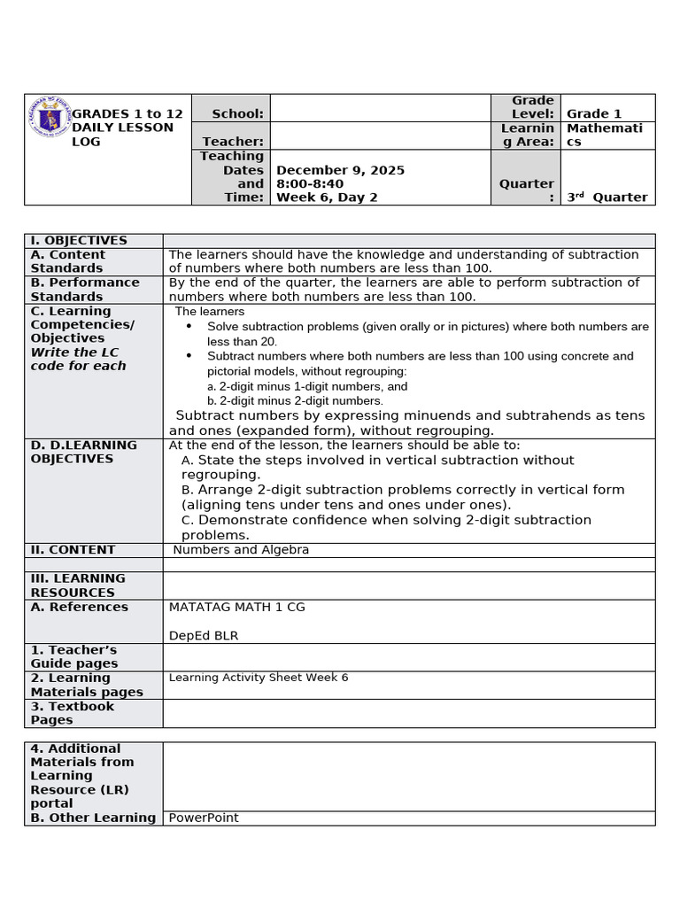Grade 1 Math Subtraction Lesson Plan | PDF | Subtraction | Cognition