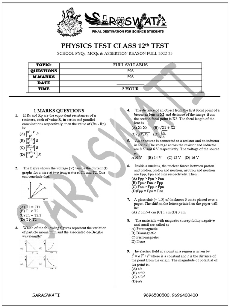 Class 12 Physics Test: PYQs & MCQs 2022-25 | PDF | Inductance | Inductor