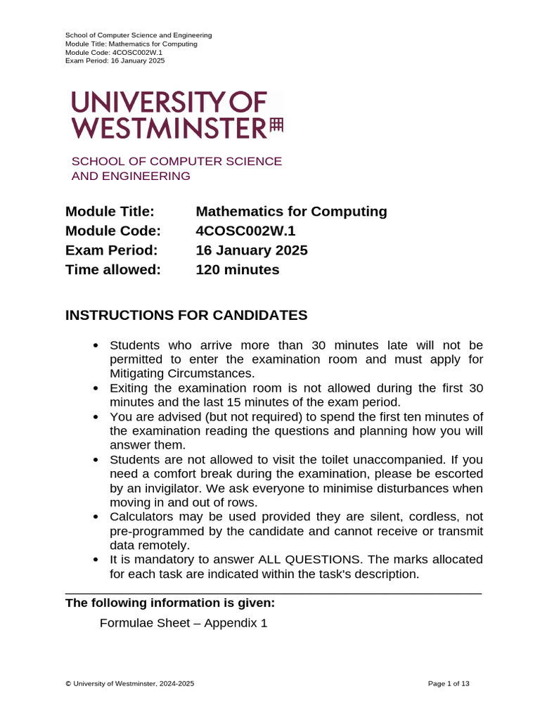 Mathematics for Computing Exam Guide | PDF | Matrix (Mathematics) | Algebra