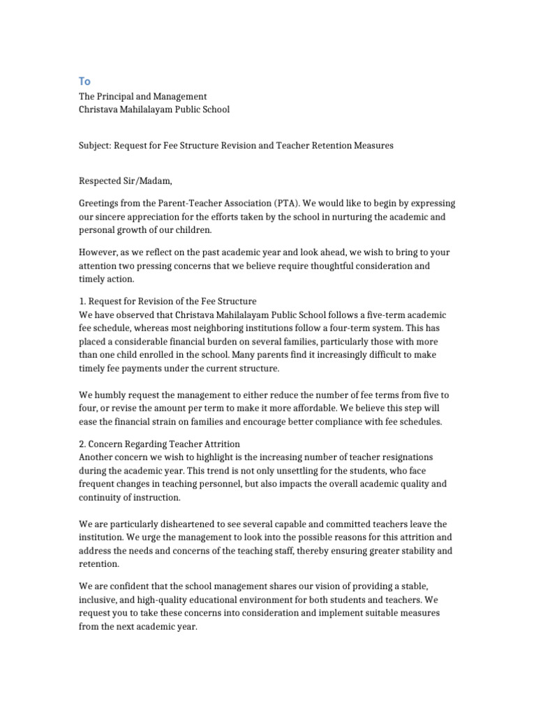 Fee Structure and Teacher Retention Request | PDF