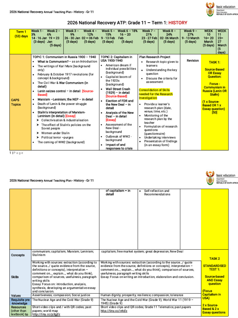 2026 Grade 11 History Teaching Plan | PDF | Zionism | Apartheid